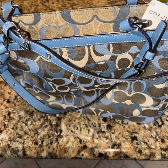 Coach Blue Leather Tote Bag with White Stitching - Picture 3 of 9